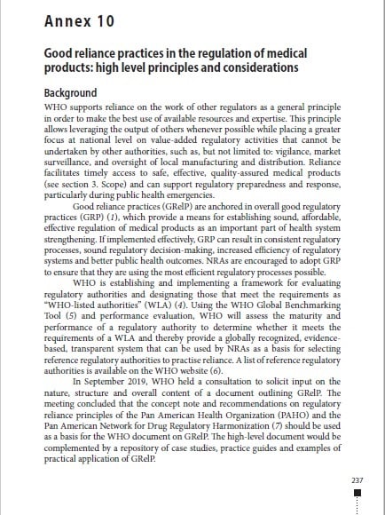 TRS 1033 - Annex 10: Good reliance practices in the regulation of medical products: high level principles and considerations