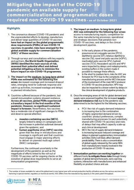 Mitigating the impact of the COVID-19 pandemic on available supply for commercialization and programmatic doses required non-COVID-19 vaccines