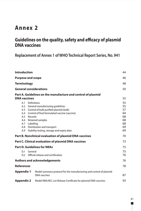 Guidelines on the quality, safety and efficacy of plasmid DNA vaccines, Annex 2, TRS No 1028