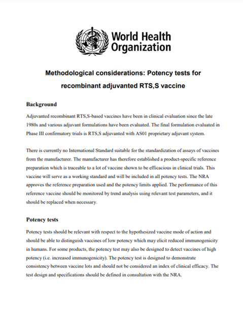 Methodological considerations: Potency tests for recombinant adjuvanted RTS,S vaccine