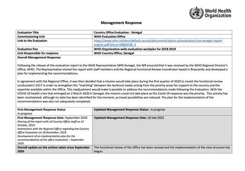 Senegal Country Office Evaluation - Management Response - May 2021