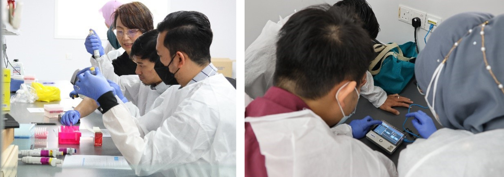 Lab technicians work hands on in a training at the National Institutes of Health, Malaysia